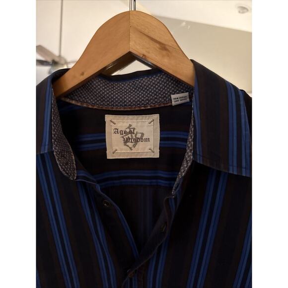 Age Of Wisdom Mens Blue and Black Striped Button Up Shirt Large - Picture 3 of 9